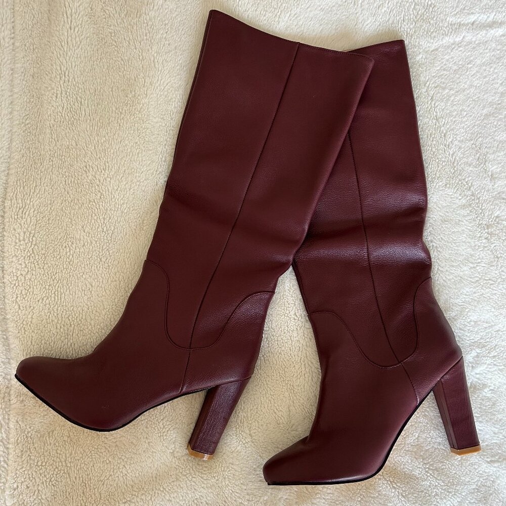 Brand New Burgundy/Dark Red Tall Wide-Calf Pointed-Toe Heeled Boots.